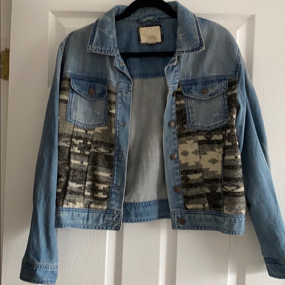Distressed Jean Jacket with Camo Detail